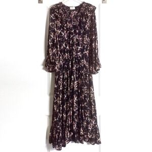 Sonmer Lola Dress‎ Sz XL Black Floral Ankle Length Ruffled Midi Asymetric V Neck